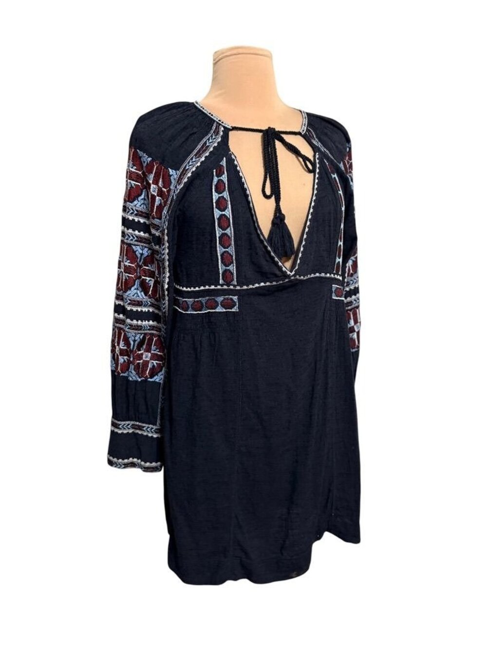 Free People Embroidered Mini Dress XS Black Burgundy Tassell Boho Basque Peasant